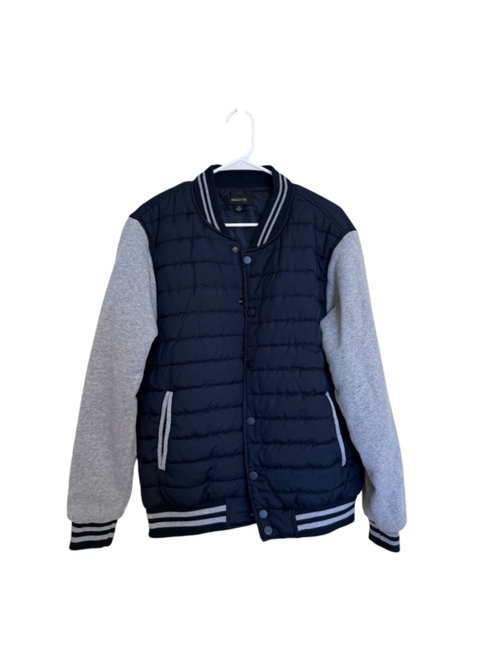 Ring of Fire Navy Quilted Bomber with Gray Sleeves